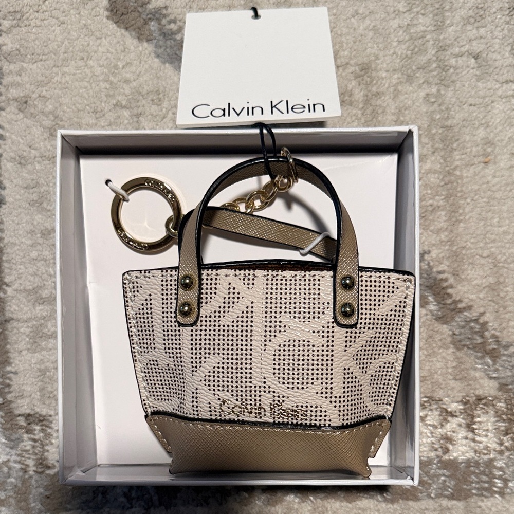 Calvin Klein Cream and Tan Logo Mini Tote Keychain